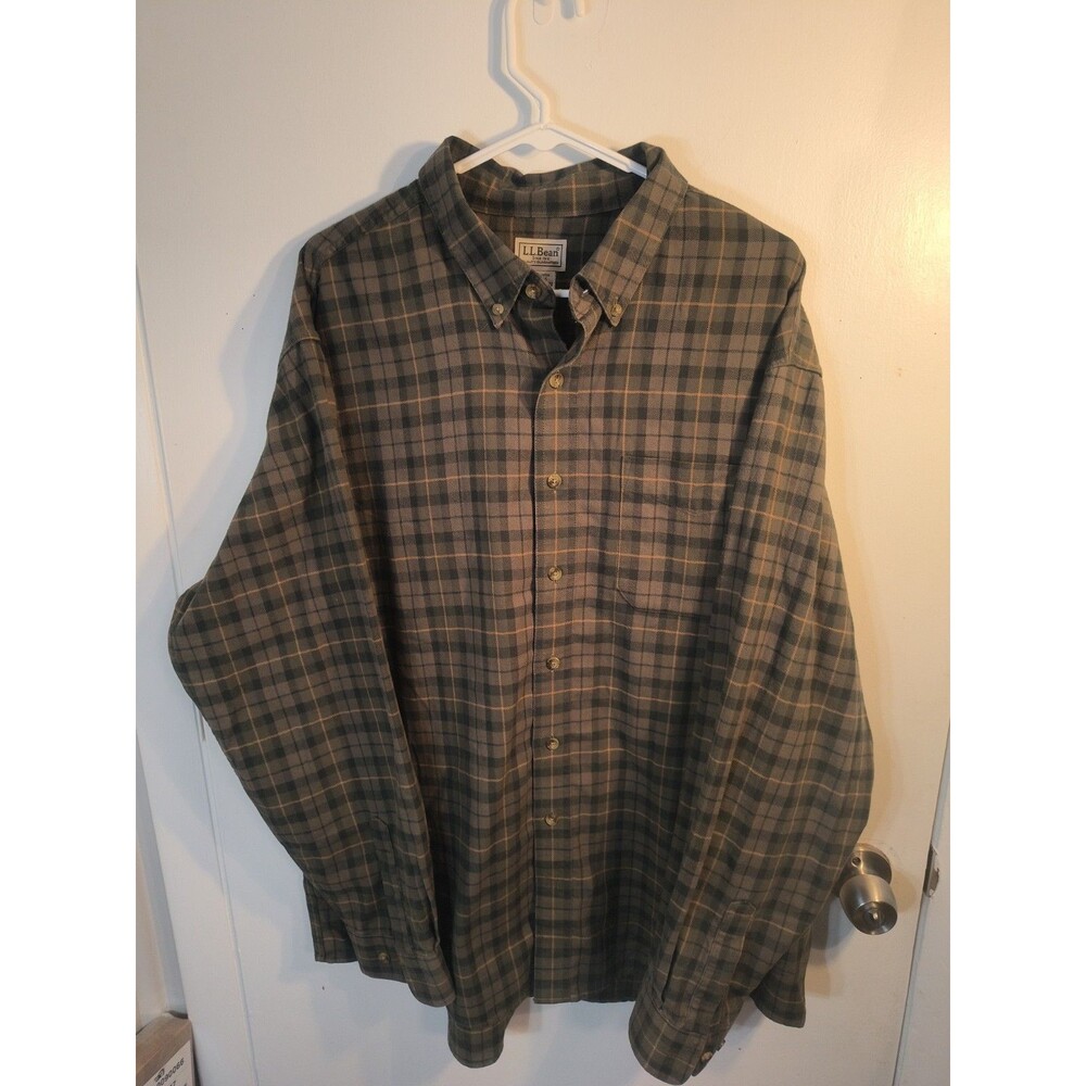 LL Bean Flannel Shirt Mens XL Regular Green Plaid Cotton Button Down Long Sleeve